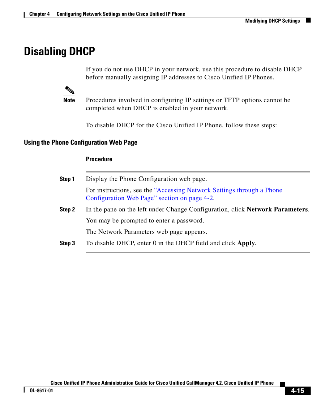 Cisco Systems 4.2 manual Disabling Dhcp 