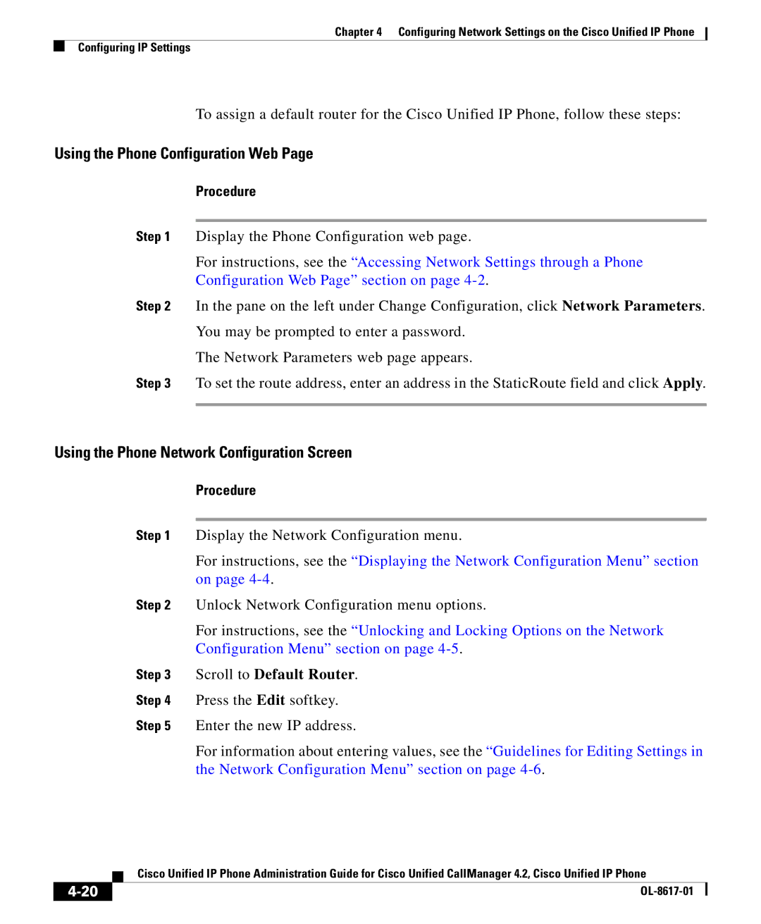 Cisco Systems 4.2 manual Scroll to Default Router 