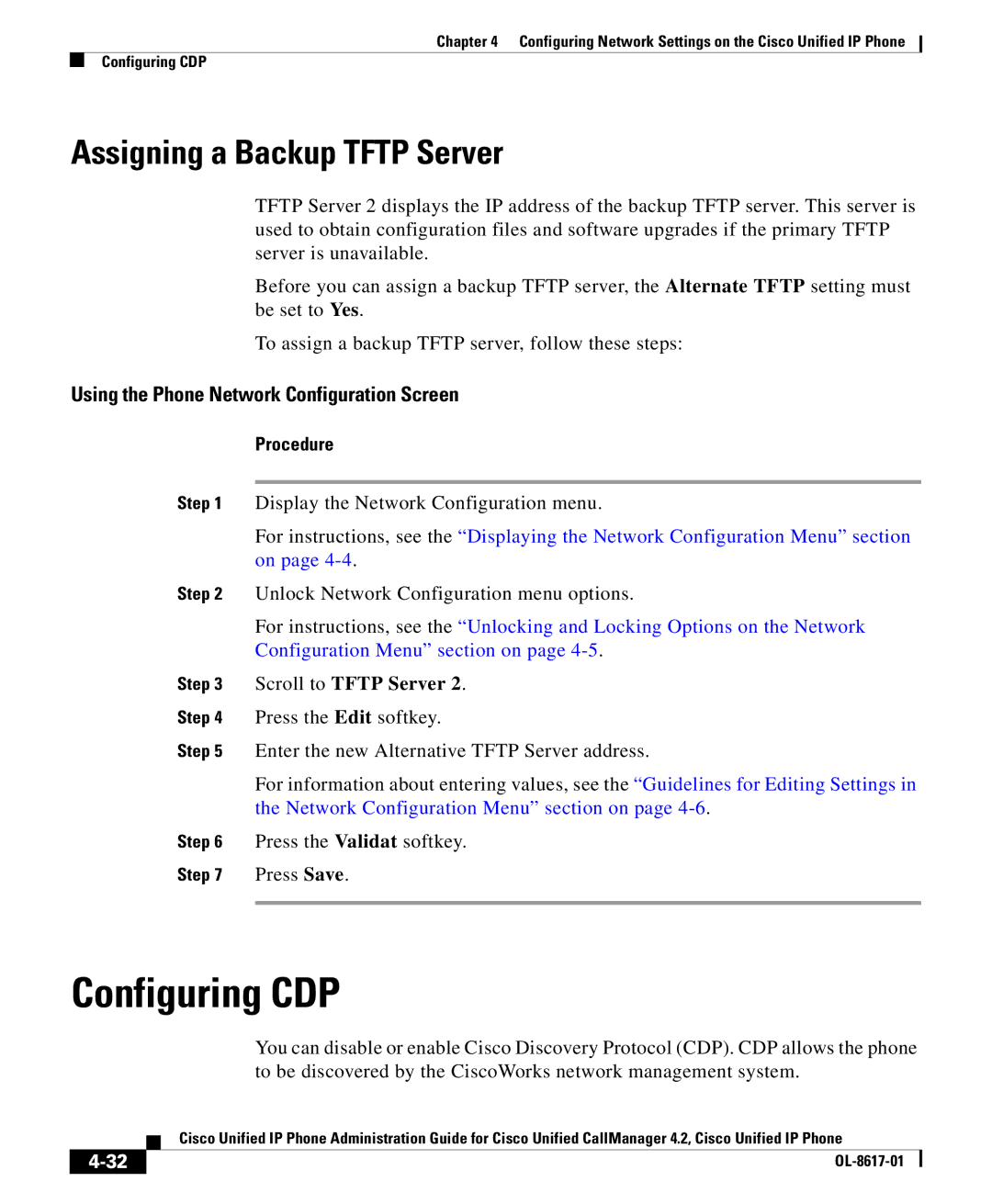 Cisco Systems 4.2 manual Configuring CDP, Assigning a Backup Tftp Server 