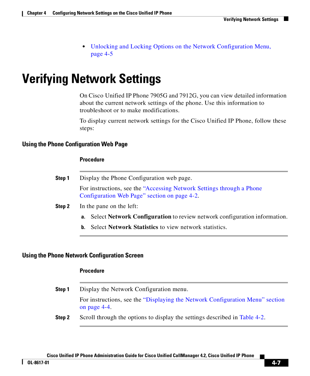 Cisco Systems 4.2 manual Verifying Network Settings, Using the Phone Configuration Web 