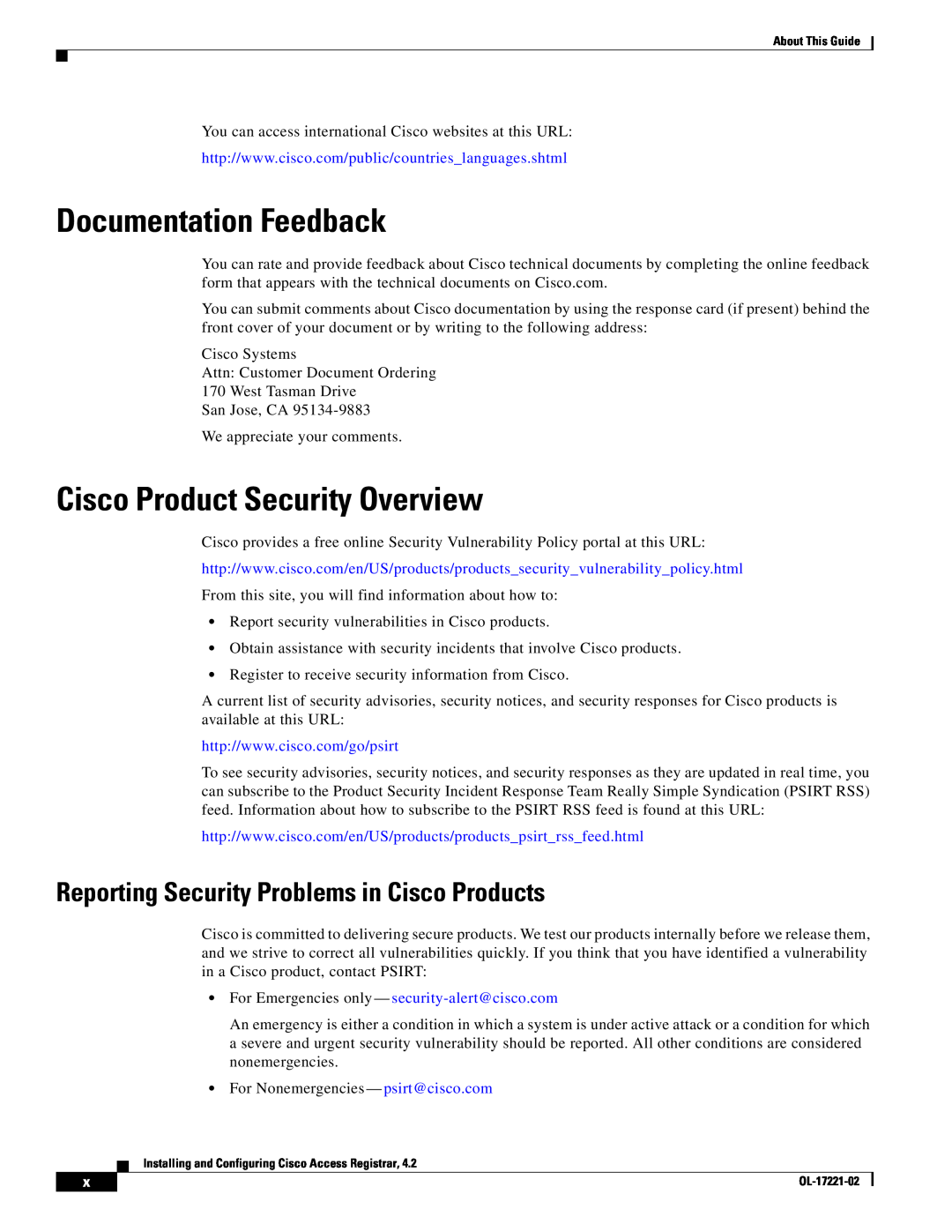 Cisco Systems 4.2 Documentation Feedback, Cisco Product Security Overview, Reporting Security Problems in Cisco Products 