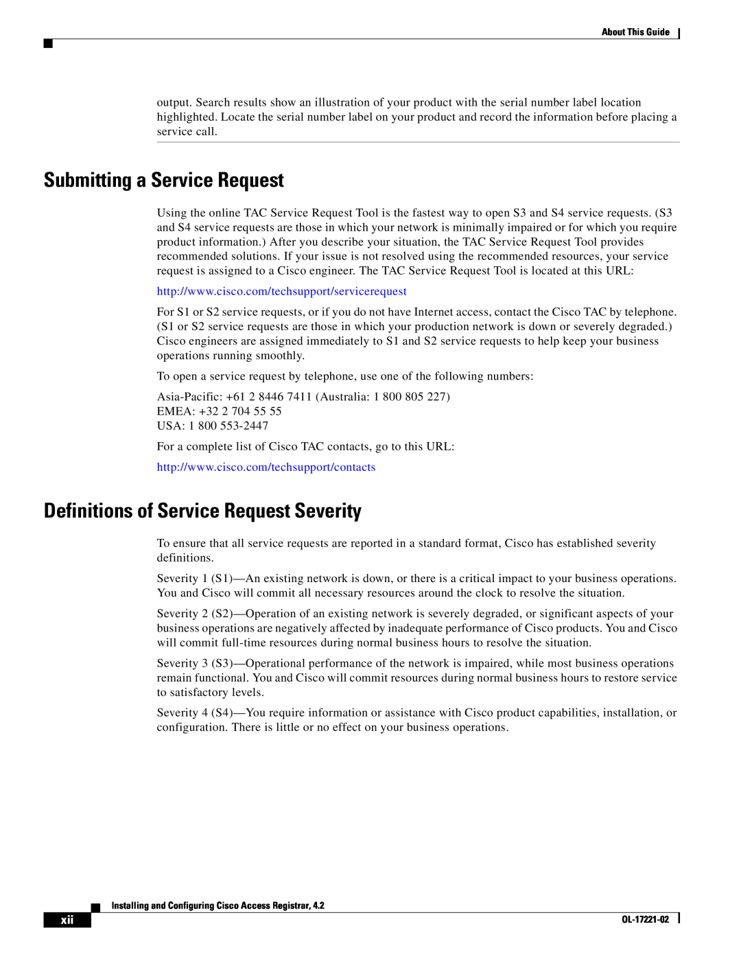 Cisco Systems 4.2 manual Submitting a Service Request, Definitions of Service Request Severity 
