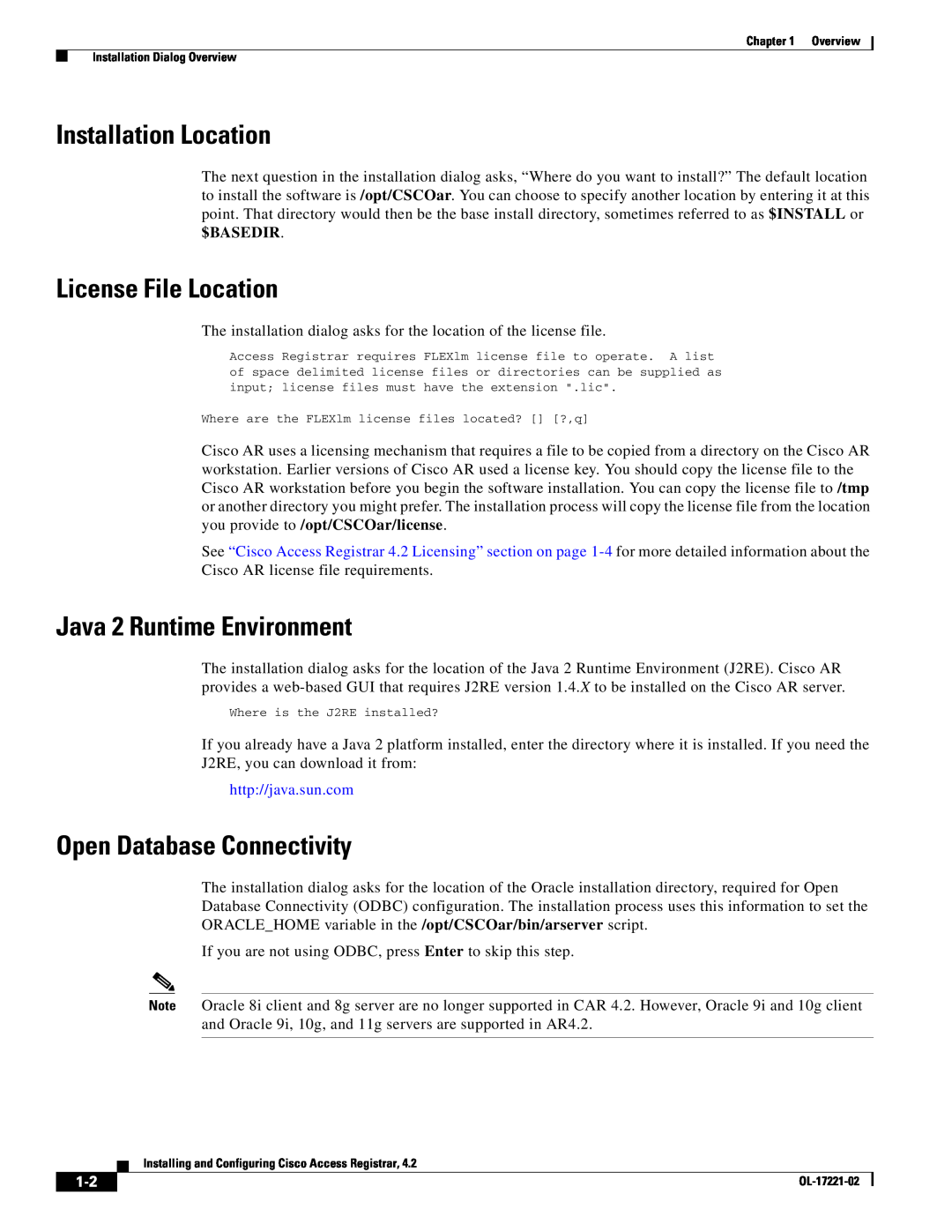 Cisco Systems 4.2 Installation Location, License File Location, Java 2 Runtime Environment, Open Database Connectivity 