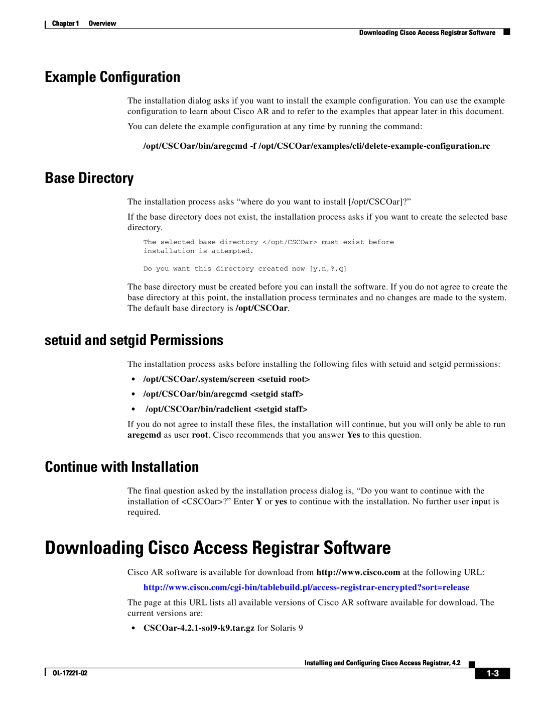 Cisco Systems 4.2 manual Downloading Cisco Access Registrar Software, Example Configuration, Base Directory 