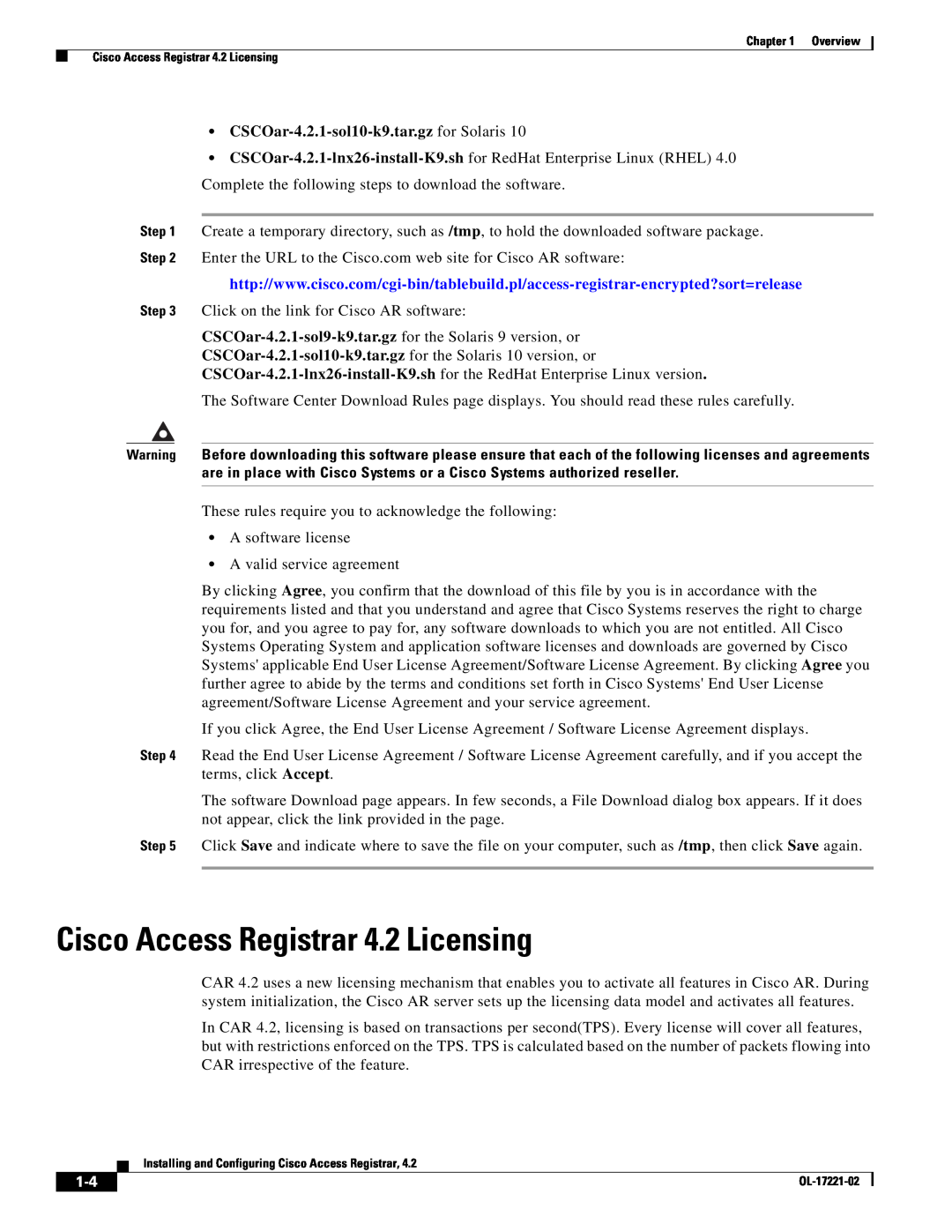 Cisco Systems manual Cisco Access Registrar 4.2 Licensing, CSCOar-4.2.1-sol10-k9.tar.gz for Solaris 
