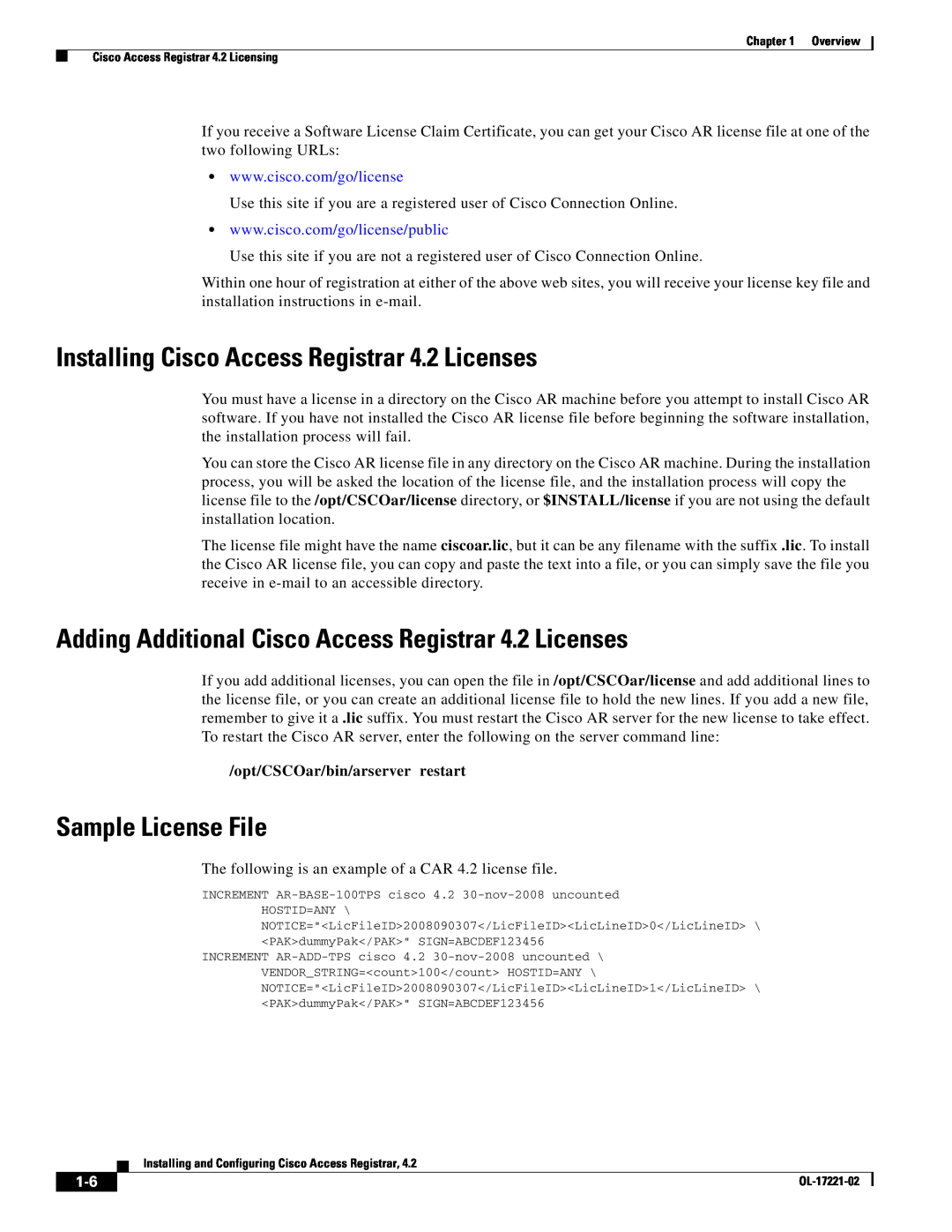 Cisco Systems Installing Cisco Access Registrar 4.2 Licenses, Adding Additional Cisco Access Registrar 4.2 Licenses 