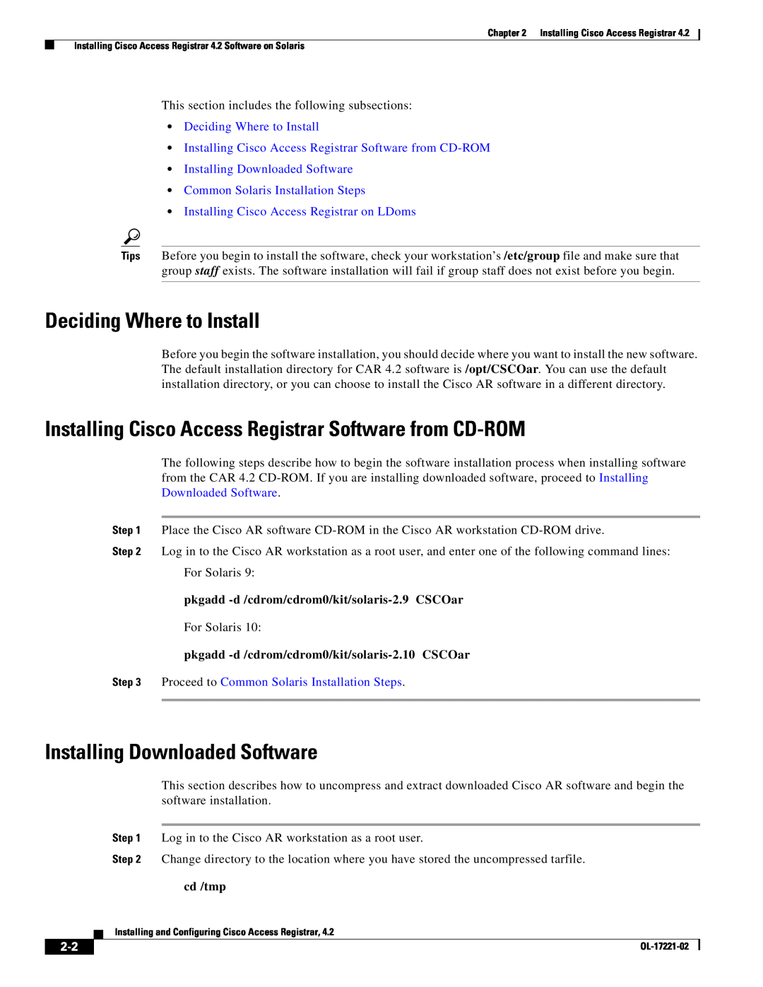 Cisco Systems 4.2 manual Deciding Where to Install, Installing Cisco Access Registrar Software from CD-ROM, cd /tmp 