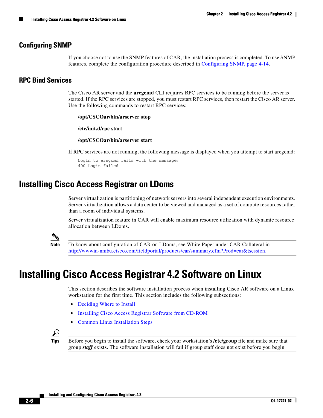 Cisco Systems manual Installing Cisco Access Registrar 4.2 Software on Linux, Installing Cisco Access Registrar on LDoms 