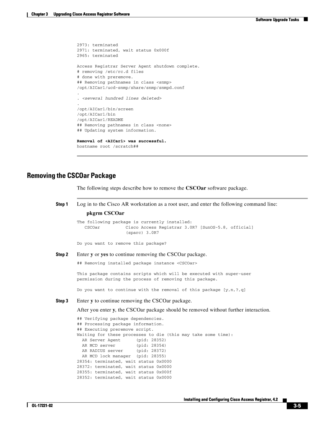Cisco Systems 4.2 manual Removing the CSCOar Package, pkgrm CSCOar, Upgrading Cisco Access Registrar Software, OL-17221-02 