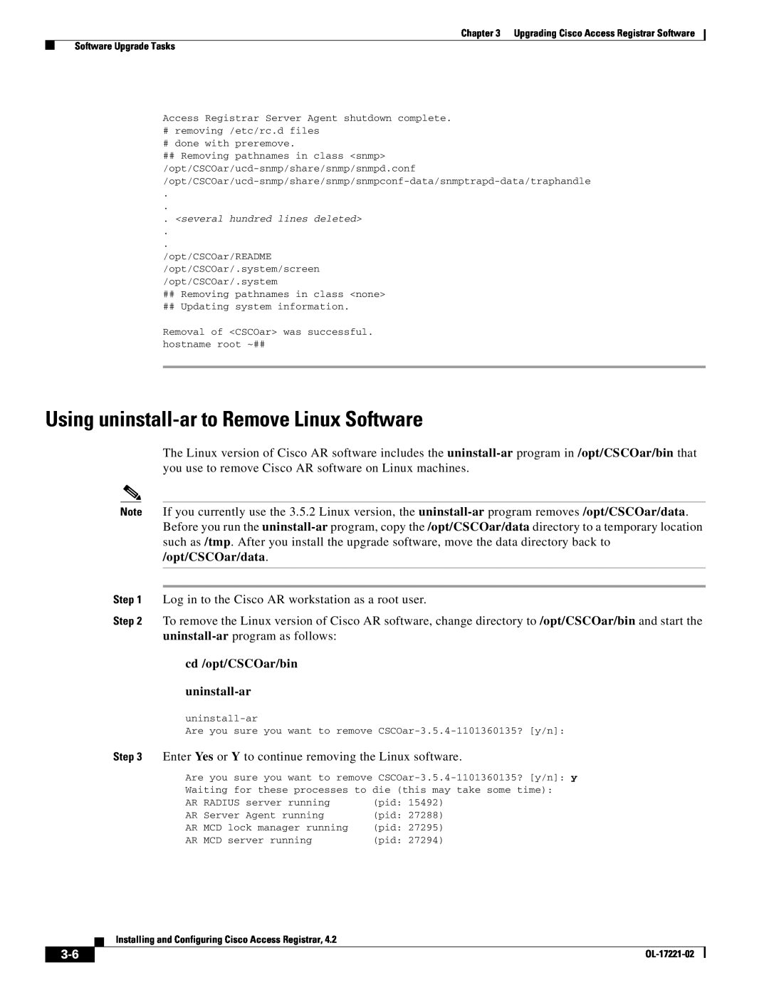 Cisco Systems 4.2 manual Using uninstall-ar to Remove Linux Software, cd /opt/CSCOar/bin uninstall-ar 
