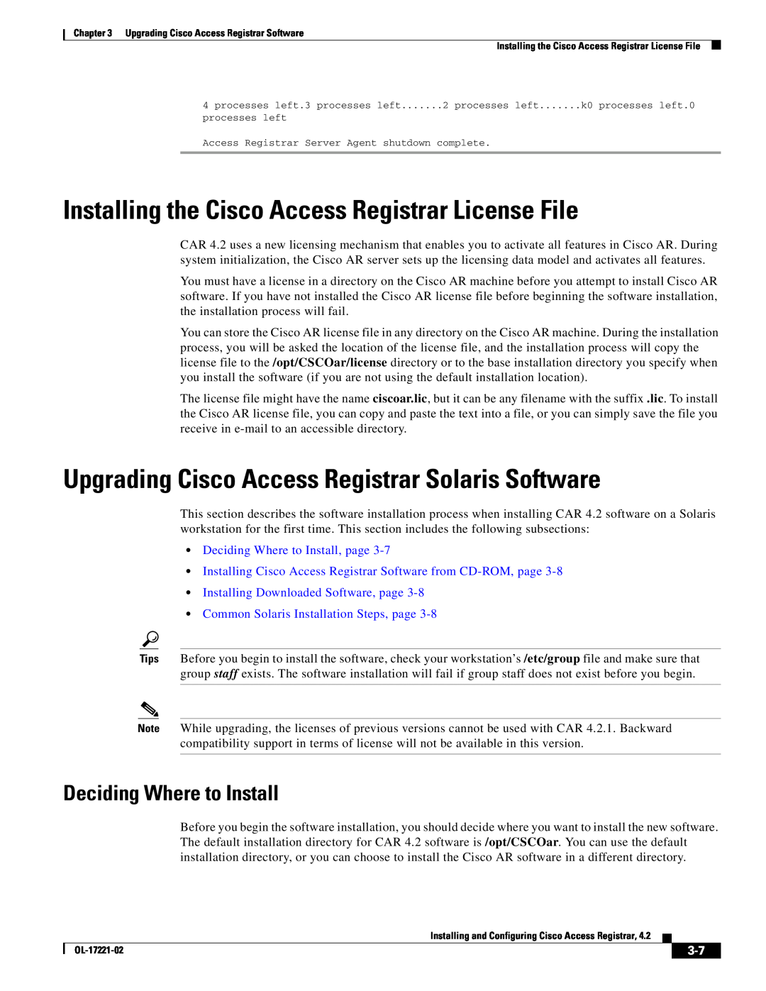 Cisco Systems 4.2 Installing the Cisco Access Registrar License File, Upgrading Cisco Access Registrar Solaris Software 
