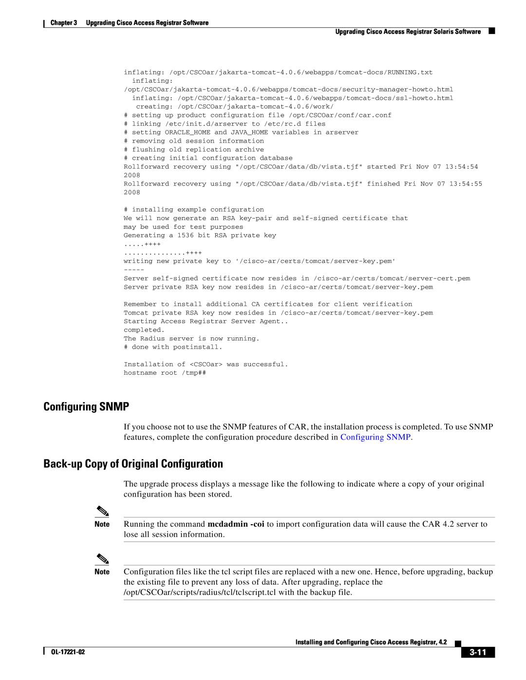 Cisco Systems 4.2 manual Back-up Copy of Original Configuration, 3-11, Configuring SNMP 
