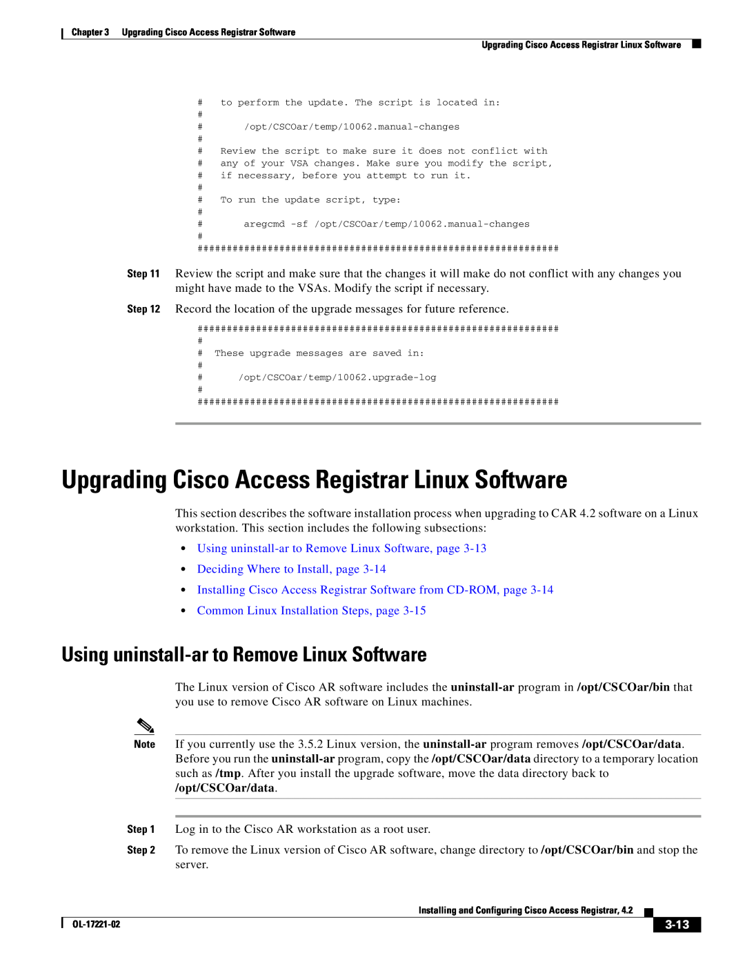 Cisco Systems 4.2 Upgrading Cisco Access Registrar Linux Software, Using uninstall-ar to Remove Linux Software, page, 3-13 
