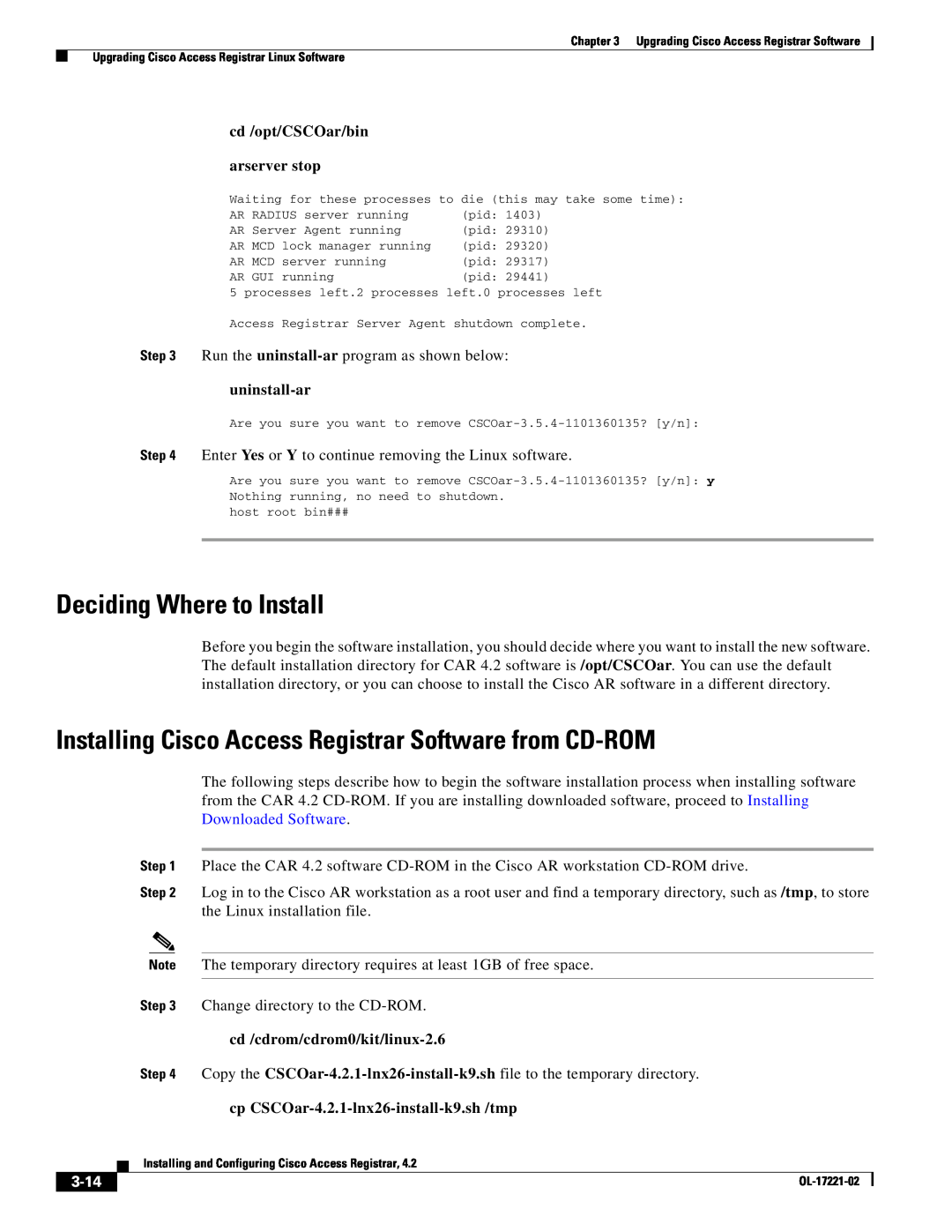 Cisco Systems 4.2 manual cd /opt/CSCOar/bin arserver stop, uninstall-ar, cd /cdrom/cdrom0/kit/linux-2.6, 3-14 