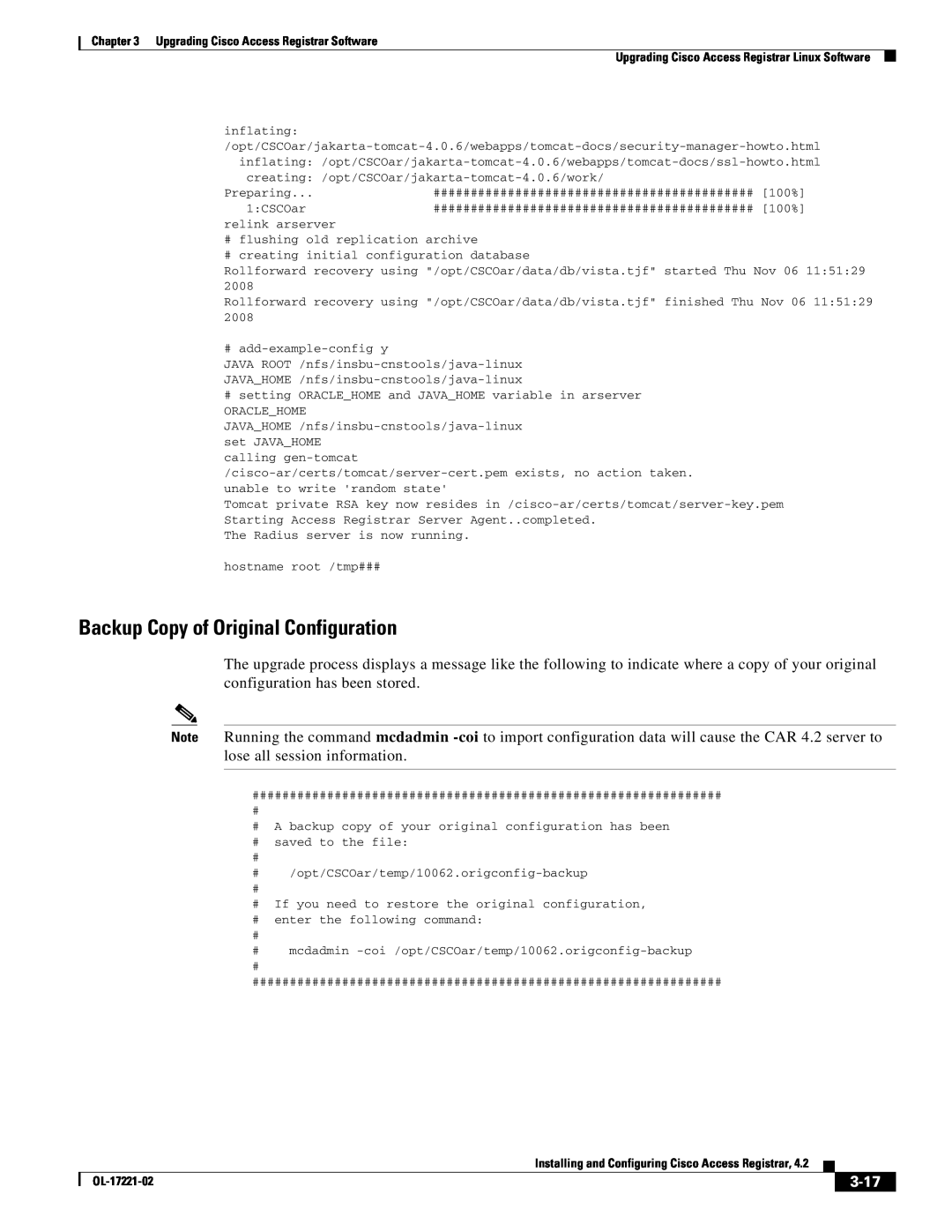Cisco Systems 4.2 manual Backup Copy of Original Configuration, 3-17, Preparing 