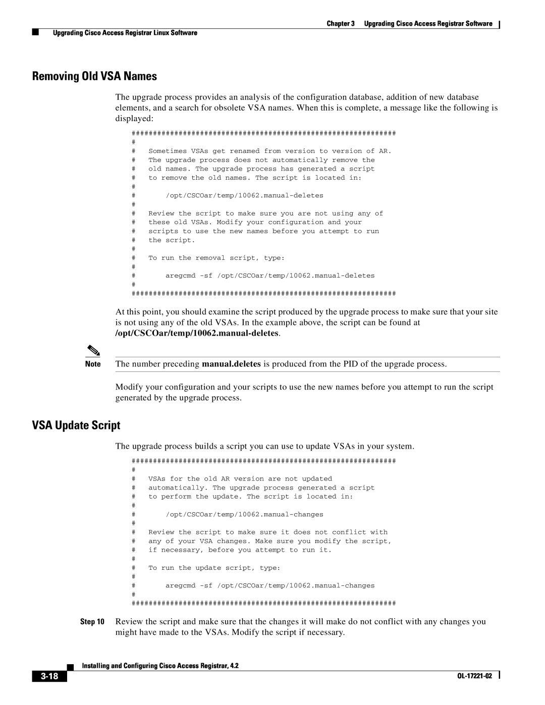 Cisco Systems 4.2 manual 3-18, Removing Old VSA Names, VSA Update Script, Upgrading Cisco Access Registrar Software 