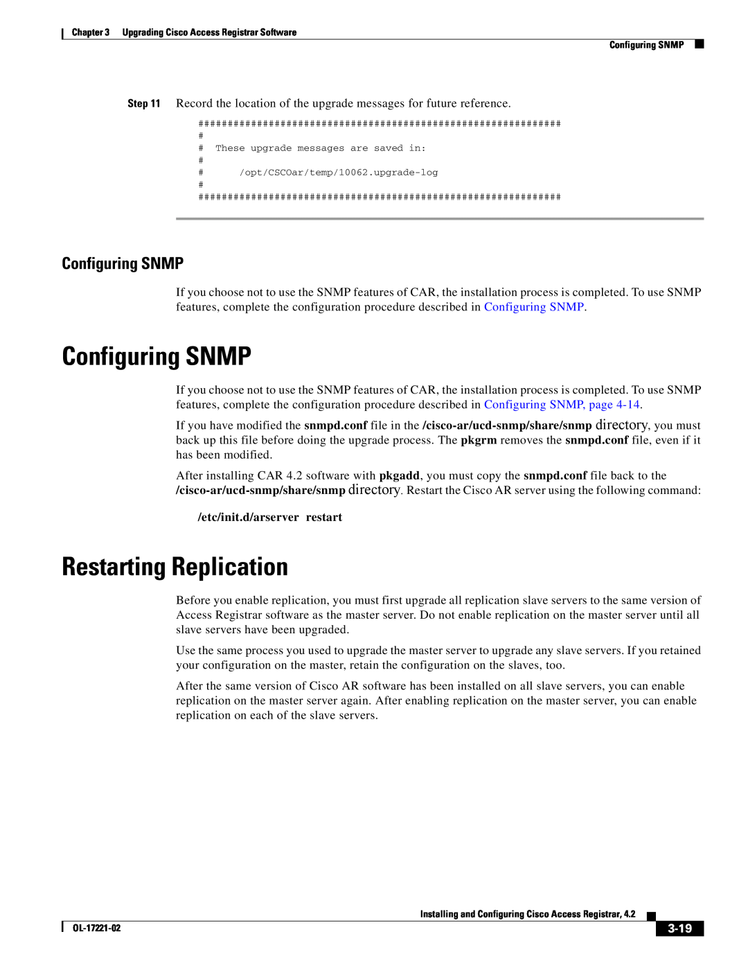 Cisco Systems 4.2 manual Configuring SNMP, Restarting Replication, 3-19, etc/init.d/arserver restart 