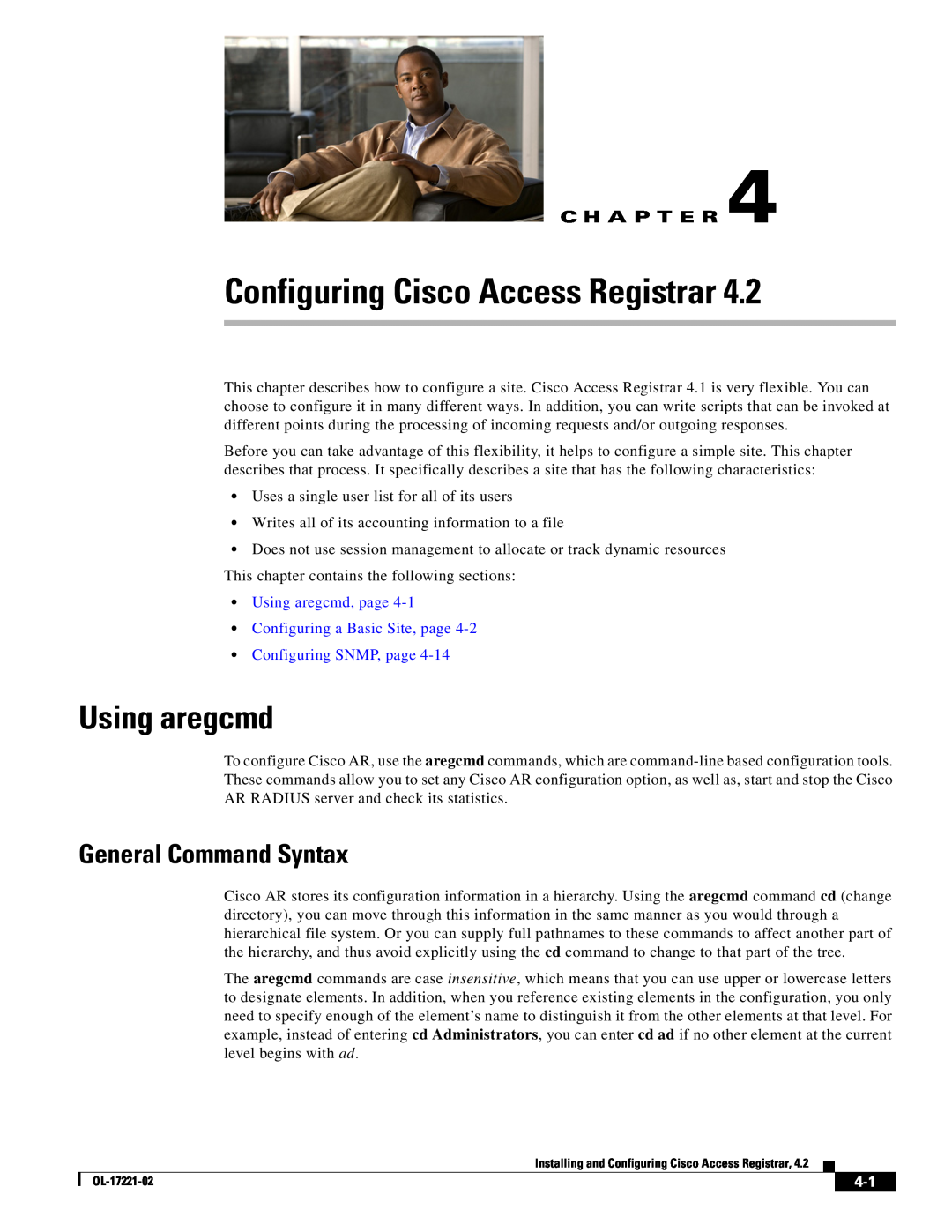 Cisco Systems 4.2 manual Configuring Cisco Access Registrar, Using aregcmd, General Command Syntax, Configuring SNMP, page 