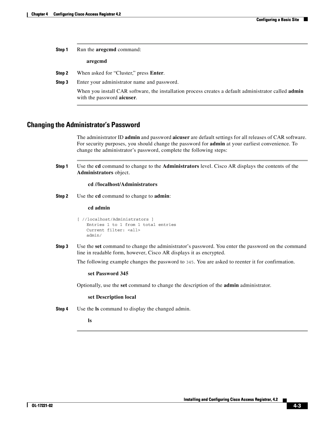 Cisco Systems 4.2 manual Changing the Administrator’s Password, cd //localhost/Administrators, cd admin, set Password 