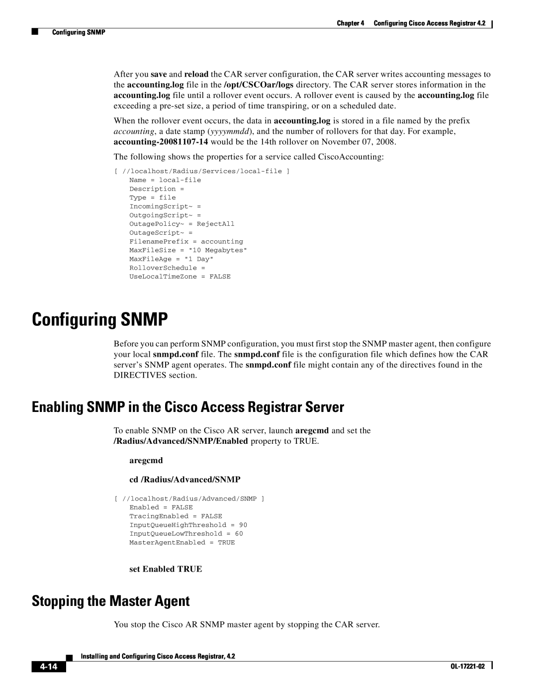 Cisco Systems 4.2 Enabling SNMP in the Cisco Access Registrar Server, Stopping the Master Agent, set Enabled TRUE, 4-14 