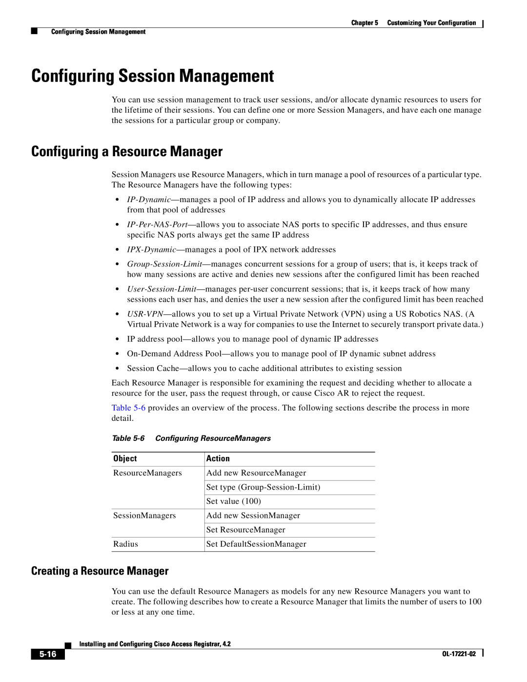 Cisco Systems 4.2 manual Configuring Session Management, Configuring a Resource Manager, Creating a Resource Manager, 5-16 