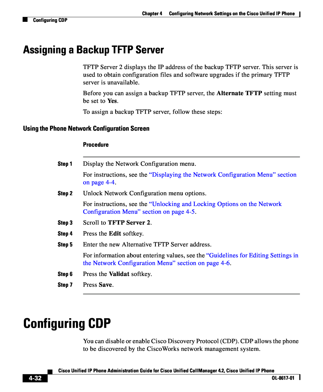 Cisco Systems 4.2 Configuring CDP, Assigning a Backup TFTP Server, 4-32, Using the Phone Network Configuration Screen 