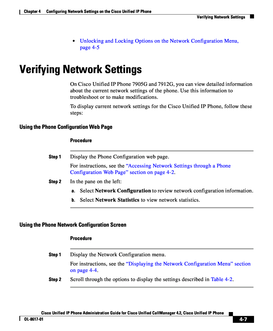 Cisco Systems 4.2 manual Verifying Network Settings, Using the Phone Configuration Web Page, Procedure 