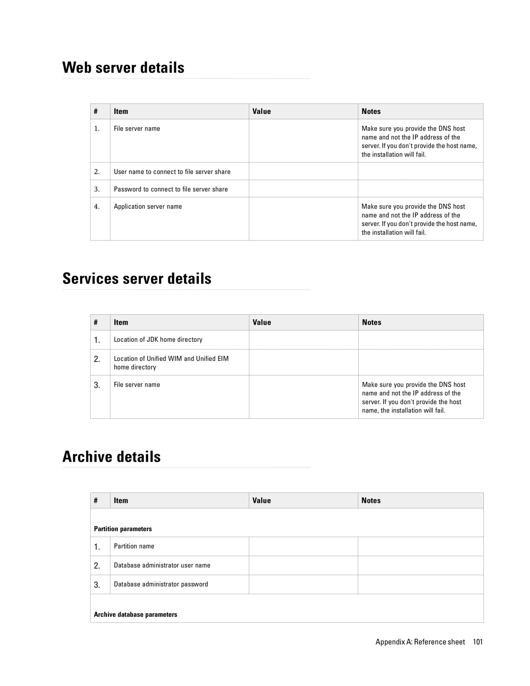 Cisco Systems 4.2(1) manual Web server details, Services server details, Archive details 