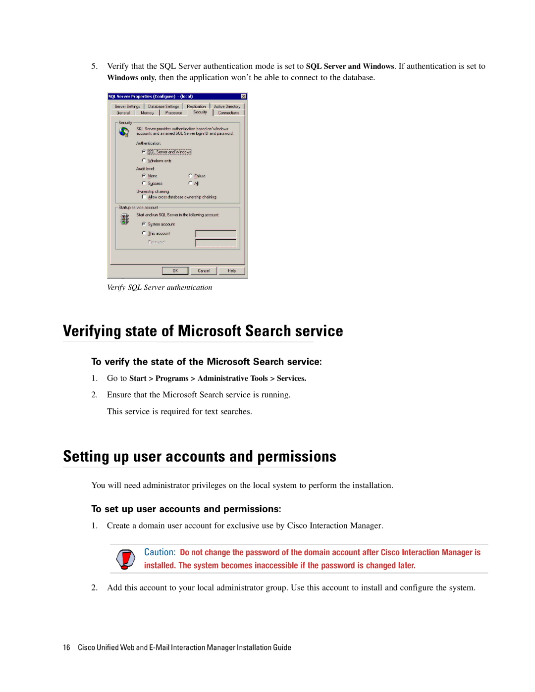 Cisco Systems 4.2(1) manual Verifying state of Microsoft Search service, Setting up user accounts and permissions 