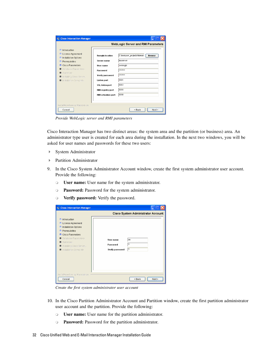 Cisco Systems 4.2(1) manual Provide WebLogic server and RMI parameters 