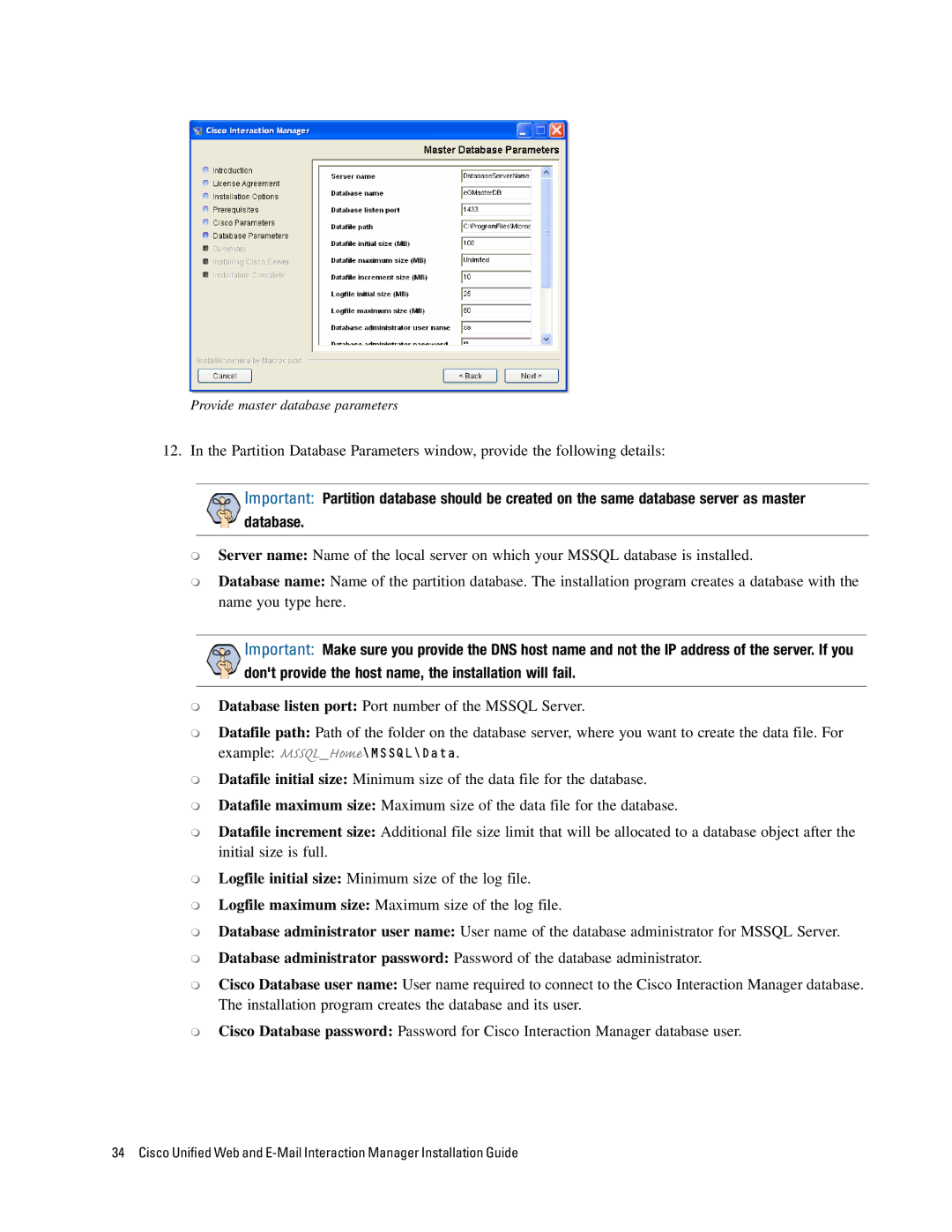 Cisco Systems 4.2(1) manual Provide master database parameters 