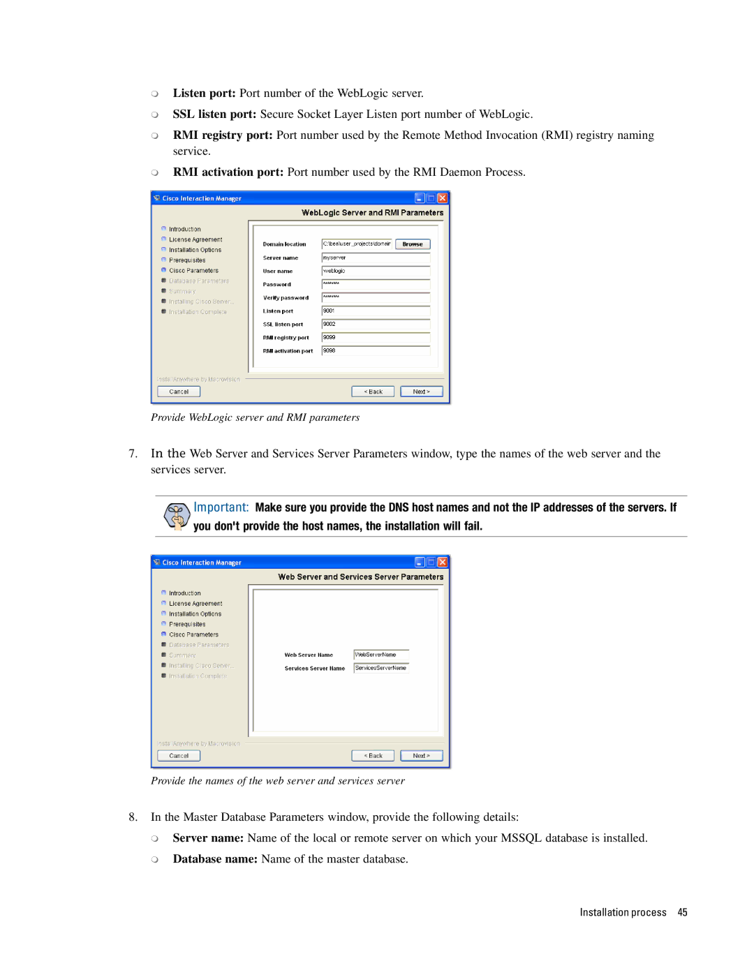 Cisco Systems 4.2(1) manual Provide the names of the web server and services server 