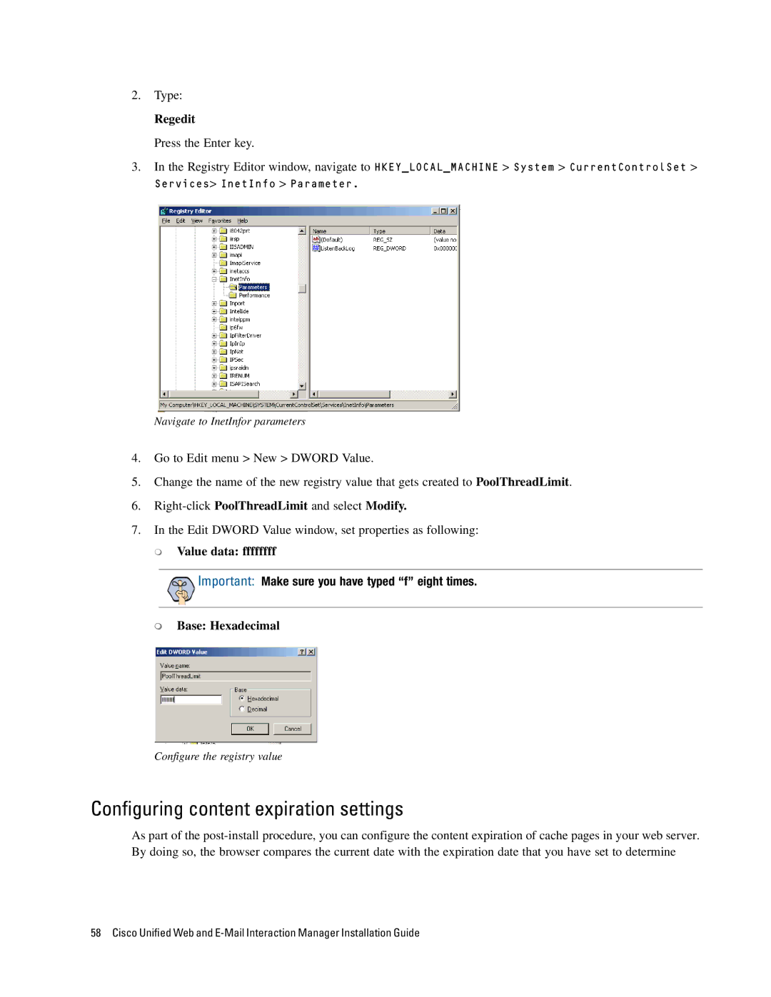 Cisco Systems 4.2(1) manual Configuring content expiration settings, Regedit 