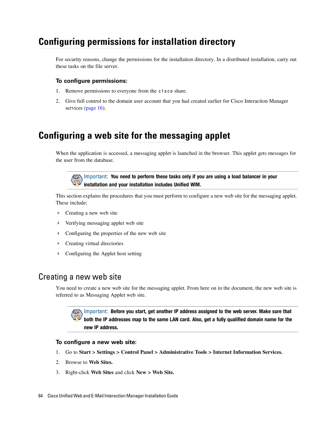 Cisco Systems 4.2(1) Configuring permissions for installation directory, Configuring a web site for the messaging applet 