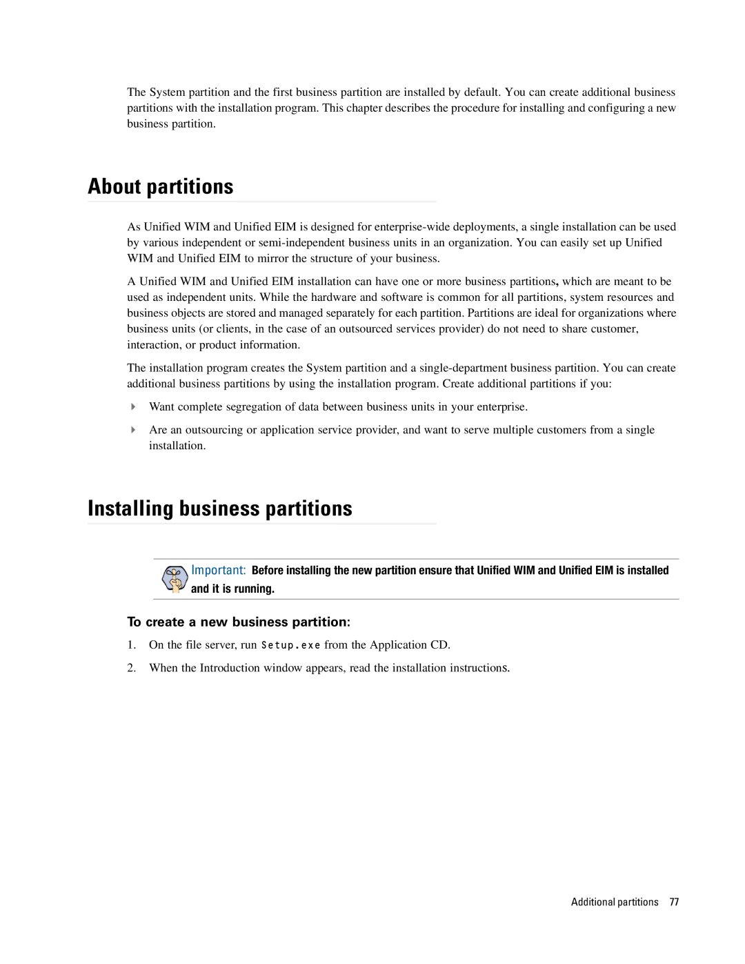 Cisco Systems 4.2(1) manual About partitions, Installing business partitions, To create a new business partition 