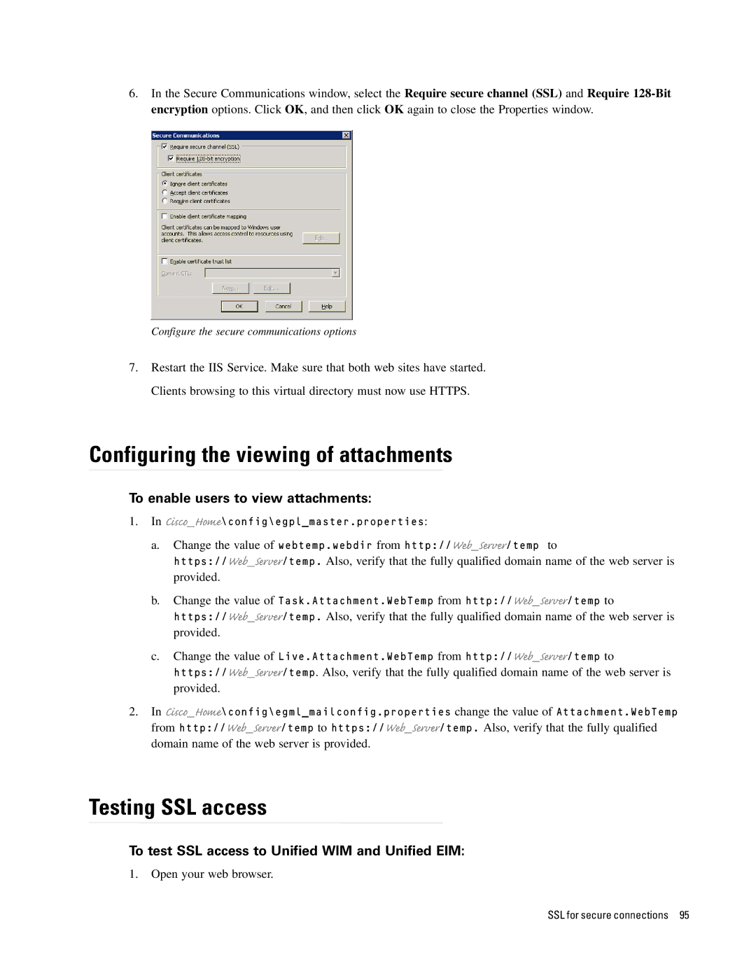 Cisco Systems 4.2(1) manual Configuring the viewing of attachments, Testing SSL access, To enable users to view attachments 