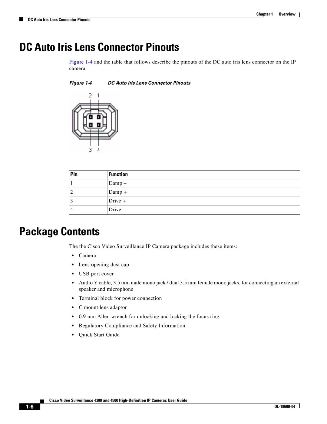 Cisco Systems 4300 manual DC Auto Iris Lens Connector Pinouts, Package Contents 