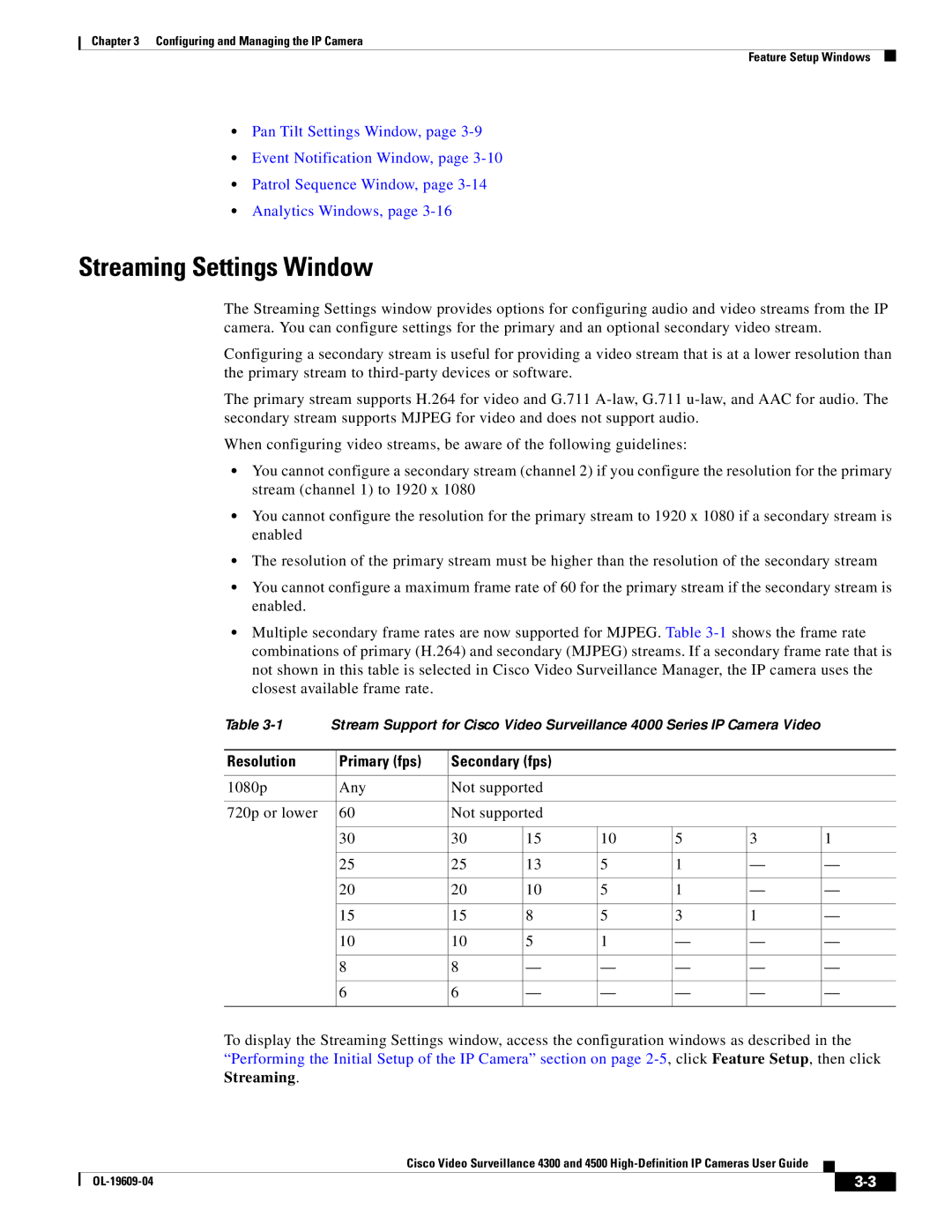 Cisco Systems 4300 manual Streaming Settings Window, Resolution Primary fps Secondary fps 