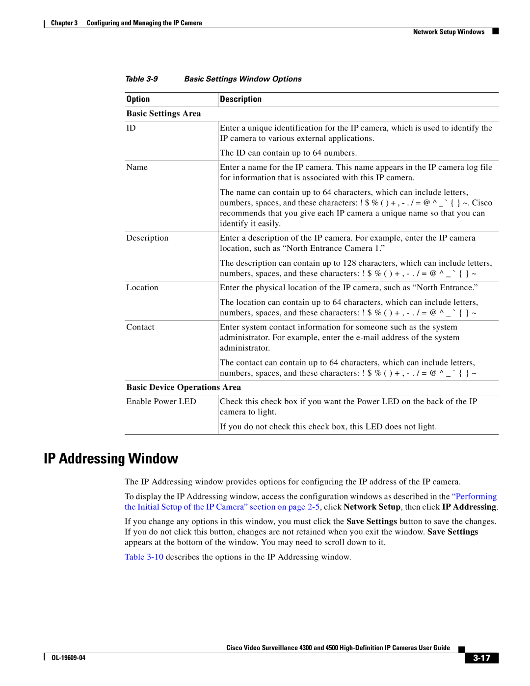 Cisco Systems 4300 manual IP Addressing Window, Basic Settings Area, Basic Device Operations Area 