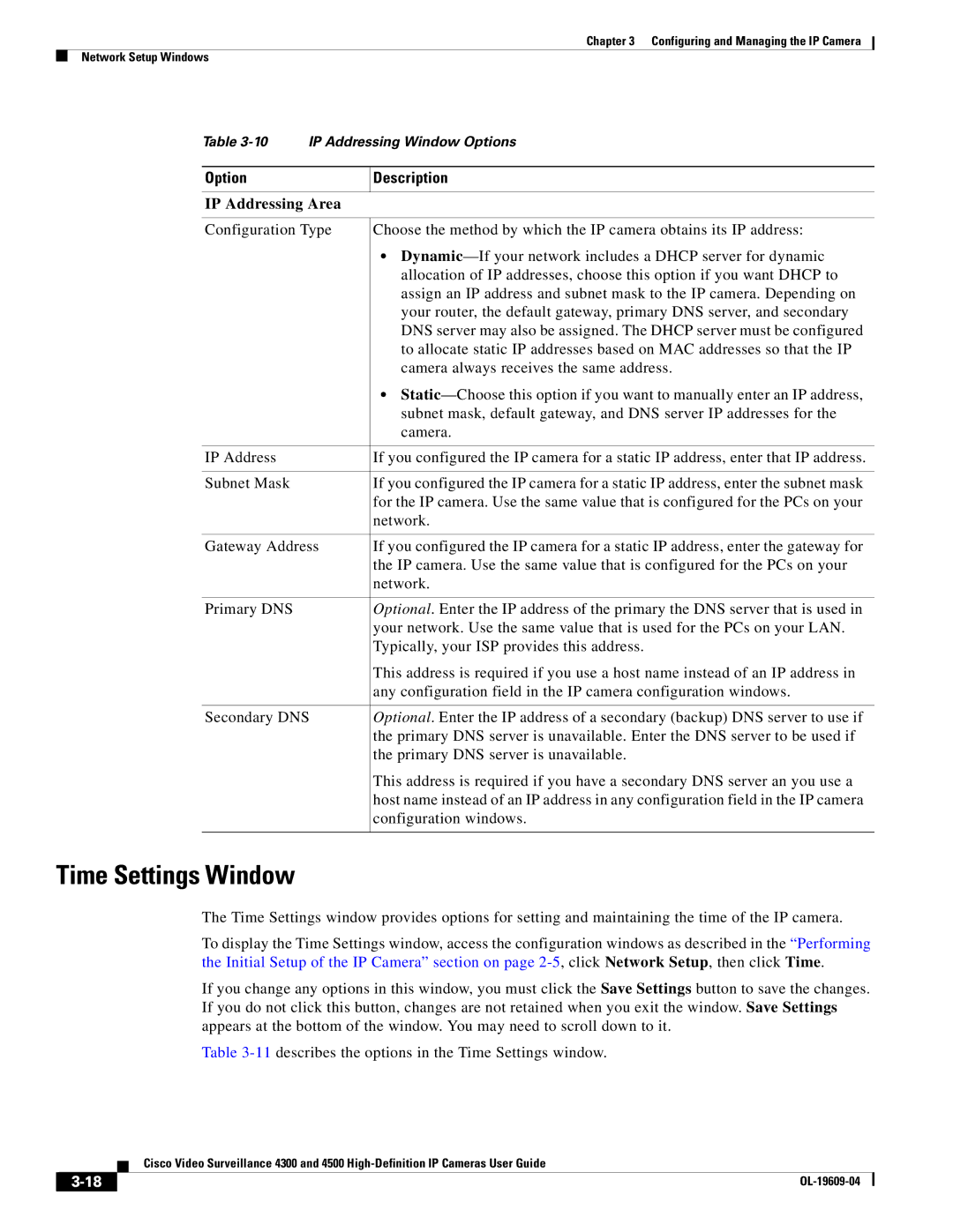 Cisco Systems 4300 manual Time Settings Window, IP Addressing Area 