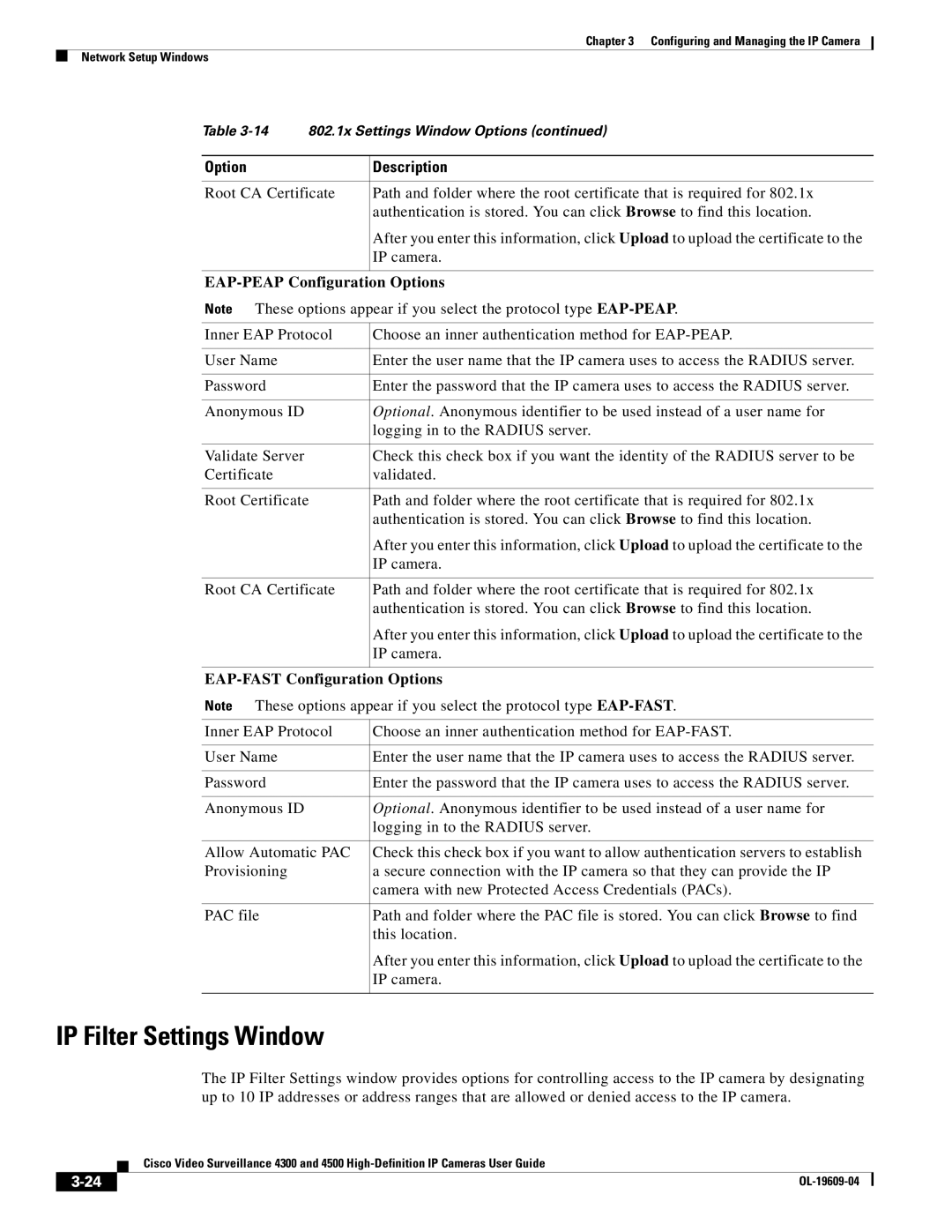 Cisco Systems 4300 manual IP Filter Settings Window, EAP-PEAP Configuration Options, EAP-FAST Configuration Options 