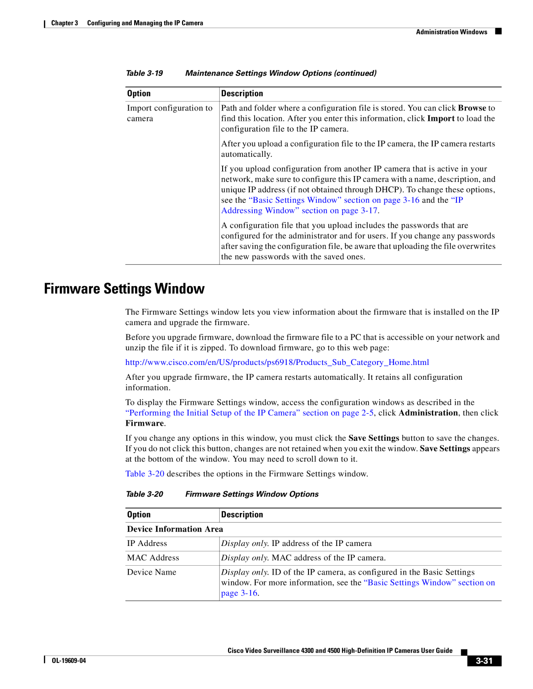 Cisco Systems 4300 manual Firmware Settings Window, Addressing Window section on, Device Information Area 