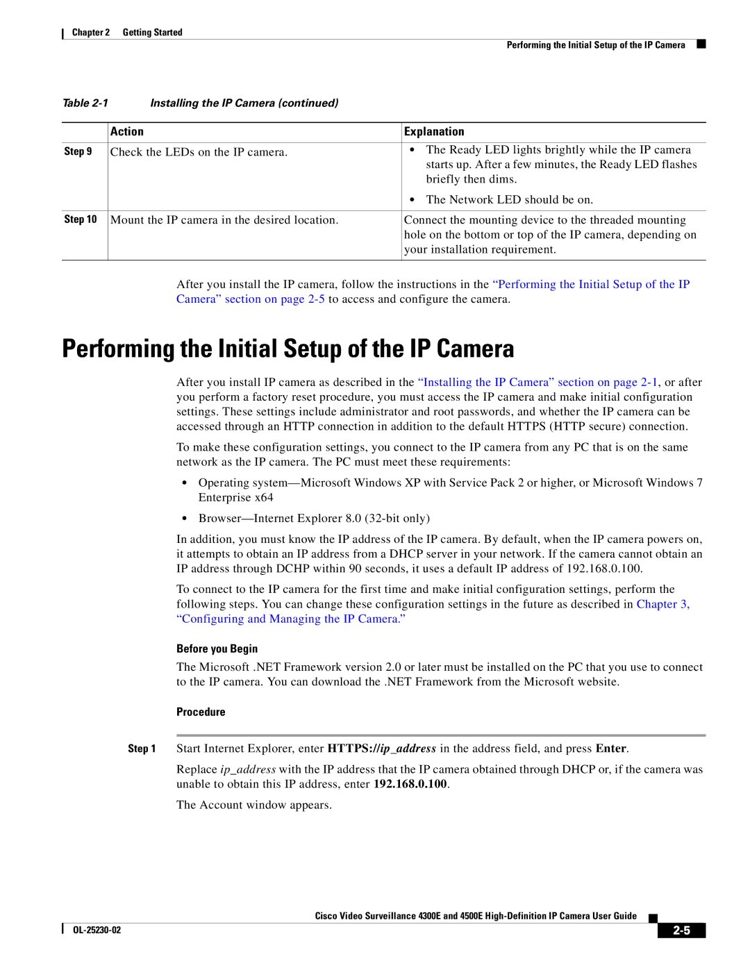 Cisco Systems 4500E, 4300E manual Performing the Initial Setup of the IP Camera, Before you Begin, Procedure 