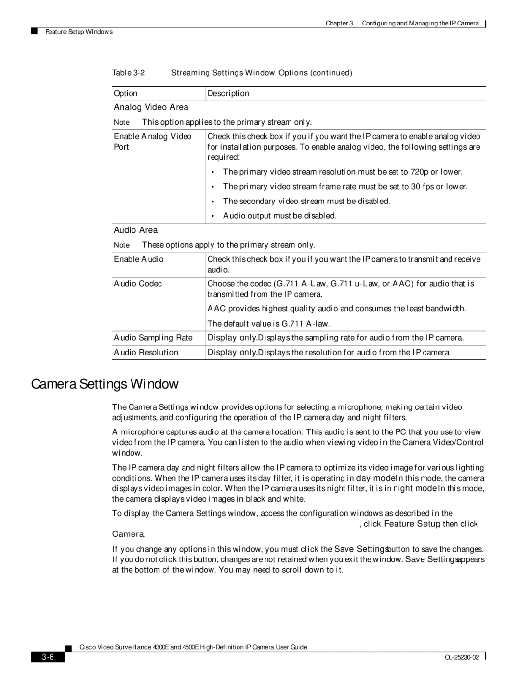 Cisco Systems 4300E, 4500E manual Camera Settings Window, Analog Video Area, Audio Area 