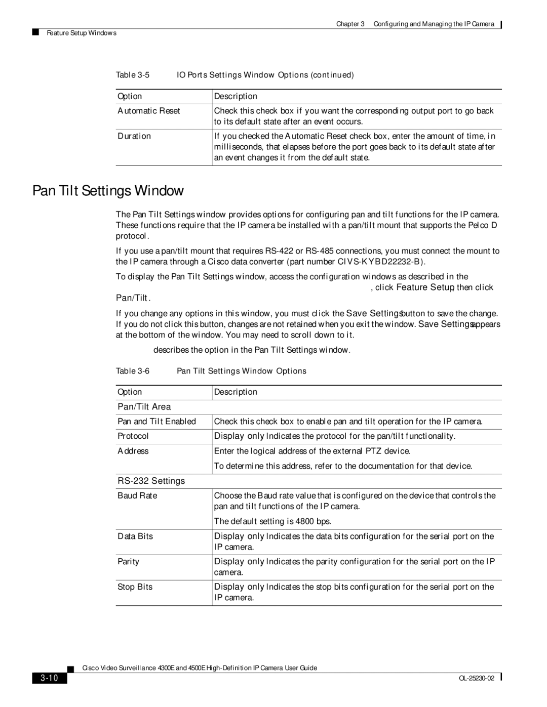 Cisco Systems 4300E, 4500E manual Pan Tilt Settings Window, Pan/Tilt Area, RS-232 Settings 