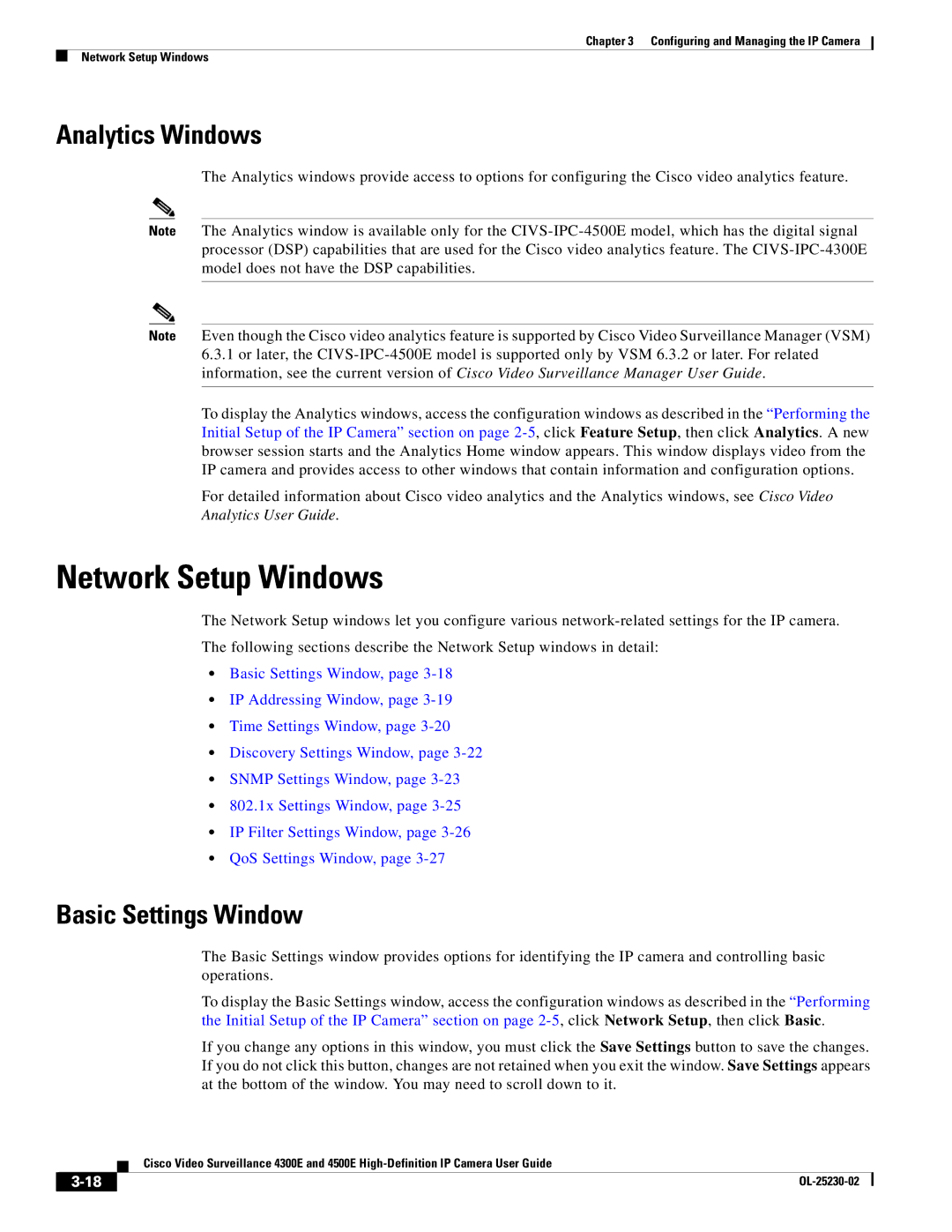 Cisco Systems 4300E, 4500E manual Network Setup Windows, Analytics Windows, Basic Settings Window 