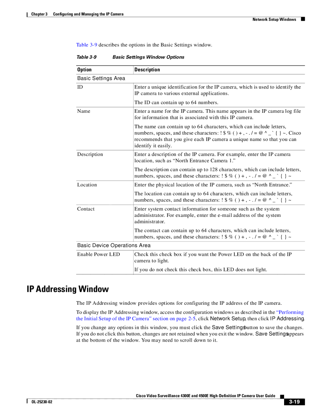 Cisco Systems 4500E, 4300E manual IP Addressing Window, Basic Settings Area, Basic Device Operations Area 