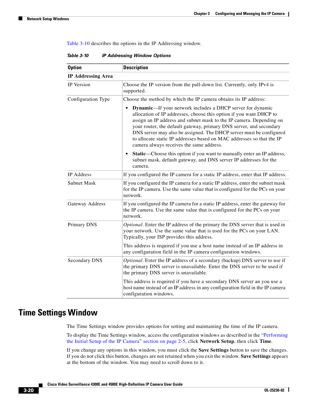 Cisco Systems 4300E, 4500E manual Time Settings Window, IP Addressing Area 