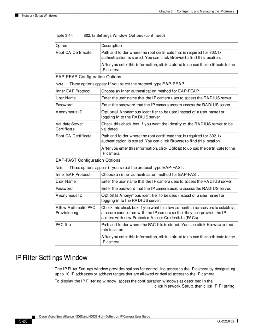 Cisco Systems 4300E, 4500E manual IP Filter Settings Window, EAP-PEAP Configuration Options, EAP-FAST Configuration Options 