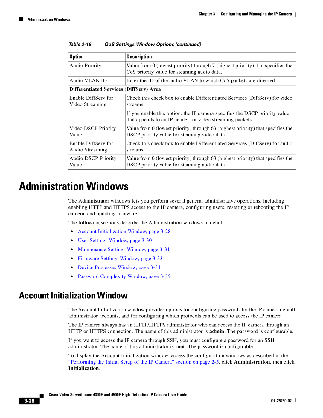 Cisco Systems 4300E, 4500E Administration Windows, Account Initialization Window, Differentiated Services DiffServ Area 